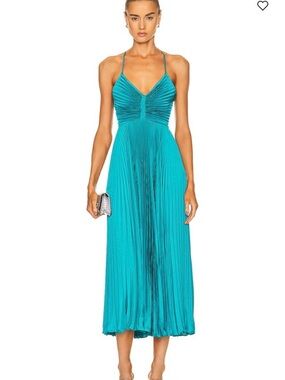 A.L.C. Turquoise Pleated Midi Dress with Spaghetti Straps
